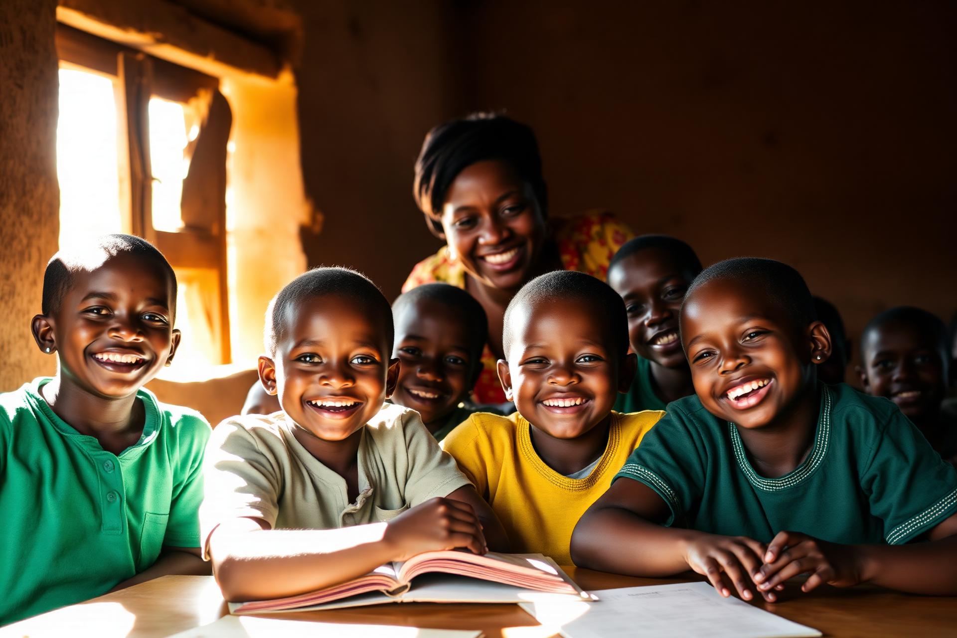 Children learning with their teacher in Ghana